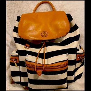 Tory Burch Navy and White with Tan Leather Trim Coated Backpack